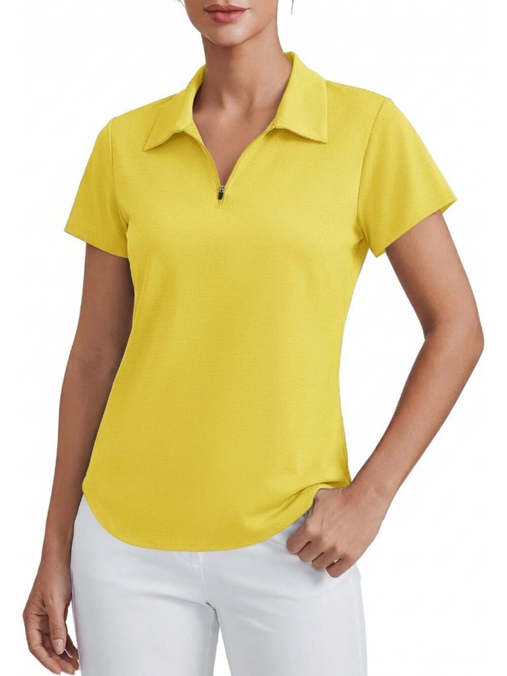 Womens  Yellow  Golf Shirt Short Sleeve UPF 50+ Tennis Polo 1/4 Zip Quick Dry++